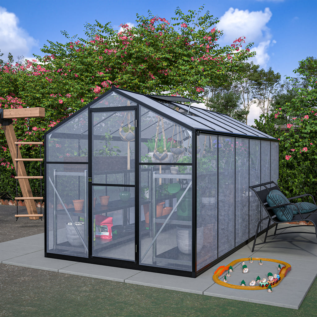 Outdoor Polycarbonate Greenhouse with Roof Vent, Quick-Setup Aluminum Walk-in for Garden Backyard