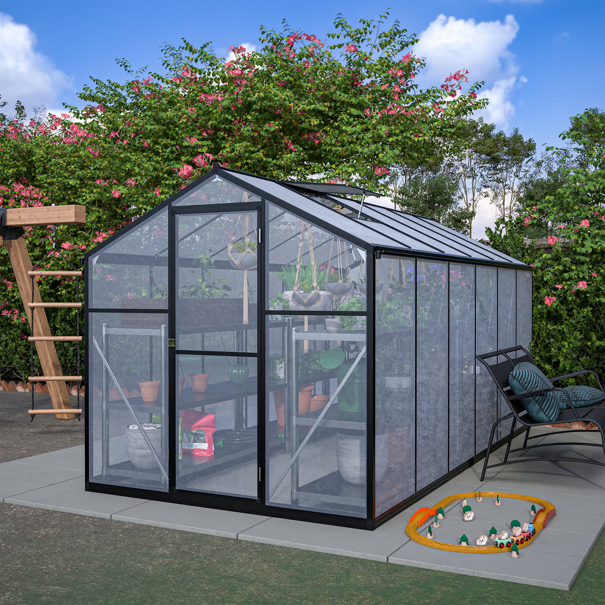 Outdoor Polycarbonate Greenhouse with Roof Vent, Quick-Setup Aluminum Walk-in for Garden Backyard