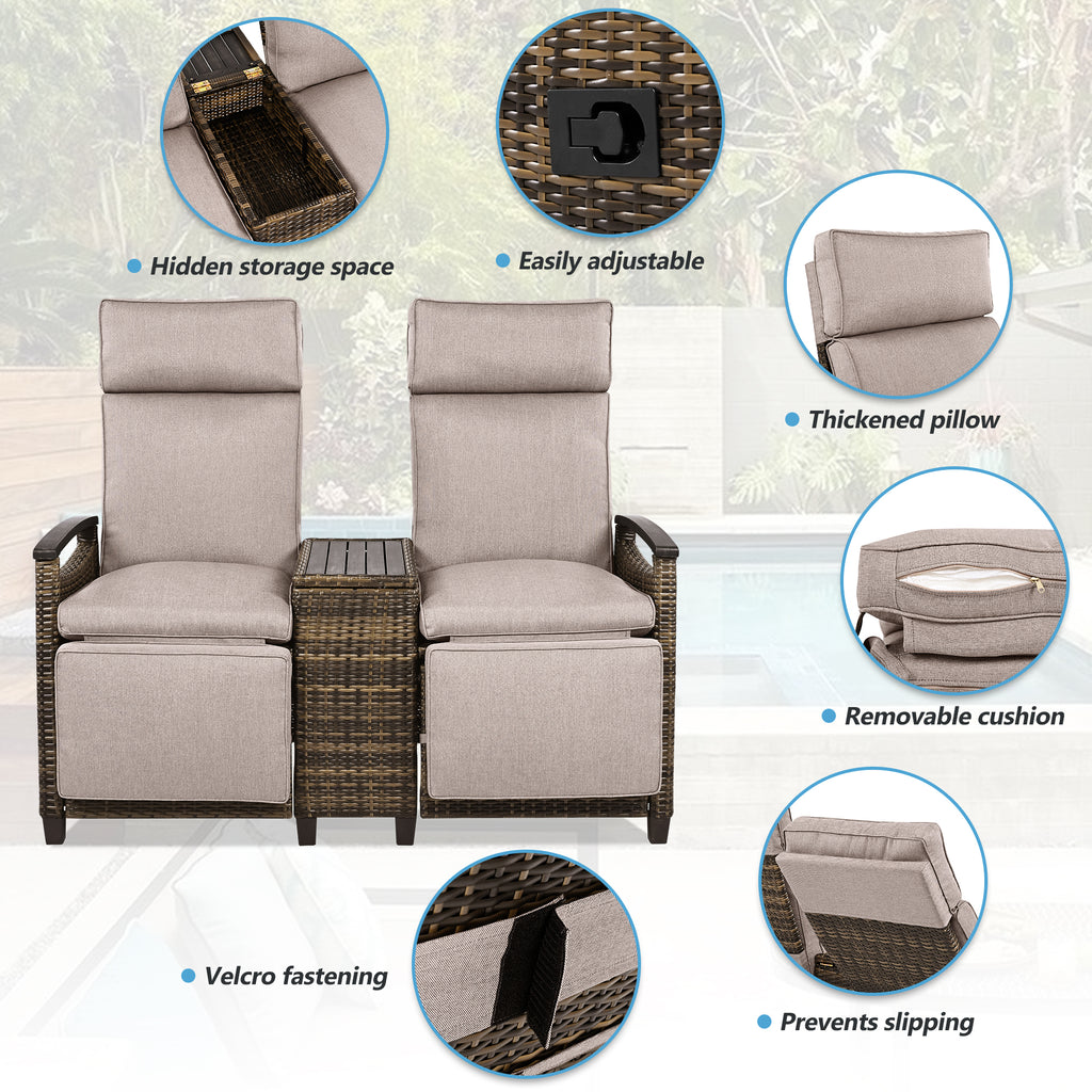Patio Recliner Loveseat Chair, Adjustable Backrest Wicker Outdoor Lounge Chair Set with Acacia Wood Armrests and Built-in Storage Table for Balcony, Porch, Lawn, Brown