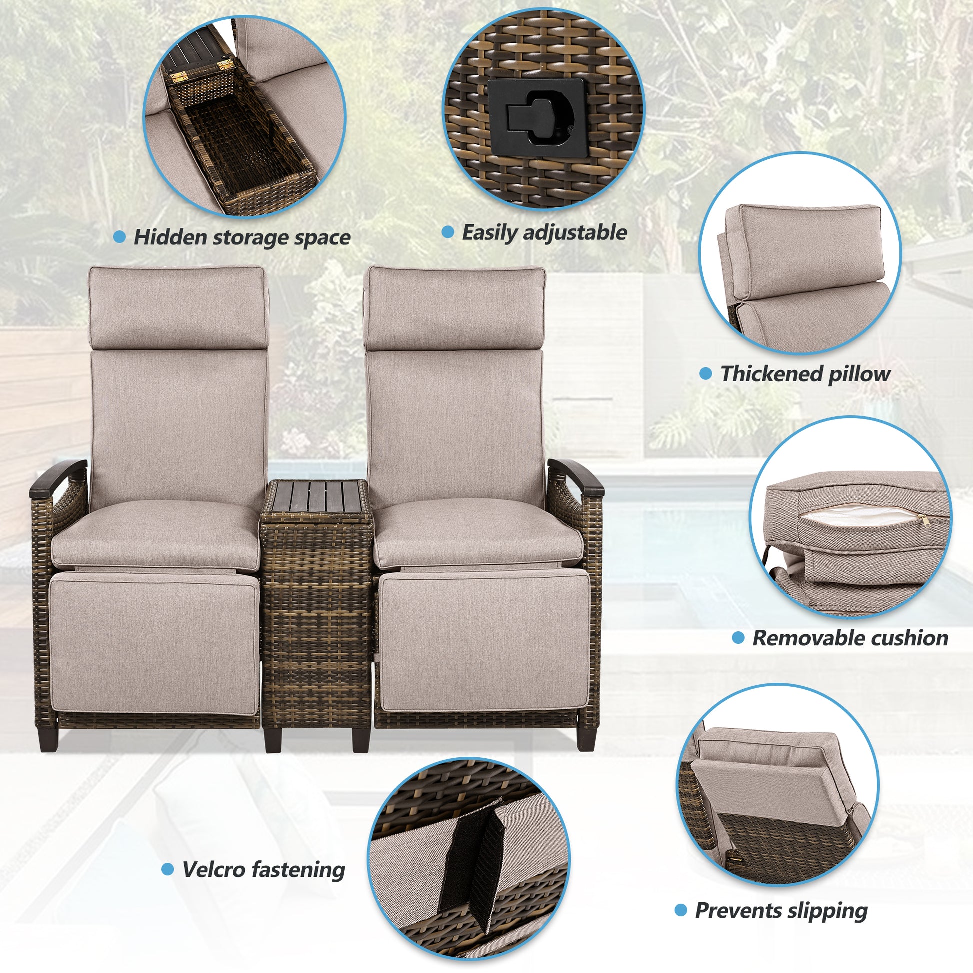 Patio Recliner Loveseat Chair, Adjustable Backrest Wicker Outdoor Lounge Chair Set with Acacia Wood Armrests and Built-in Storage Table for Balcony, Porch, Lawn, Brown