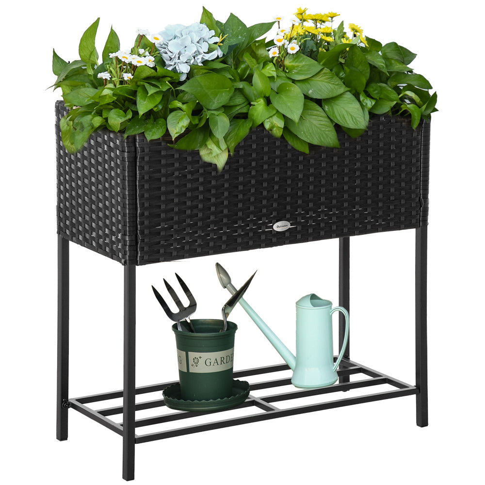 Chic Crate - Raised Garden Bed, Elevated Planter Box with Rattan Wicker Look, Tool Storage Shelf, Portable Design for Herbs, Vegetables, Flowers, Black