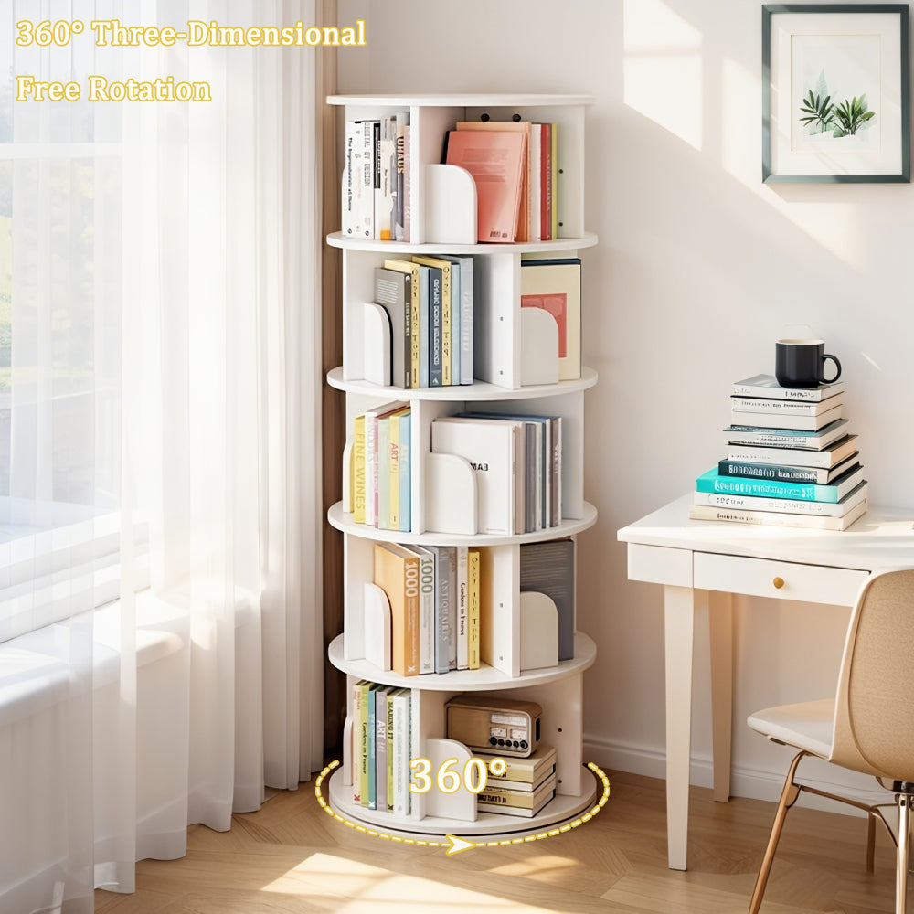 Chic Crate-5-Tier Rotating Bookshelf – 360° Display | Space-Saver | Warm White | Bedroom/Living Room/Office