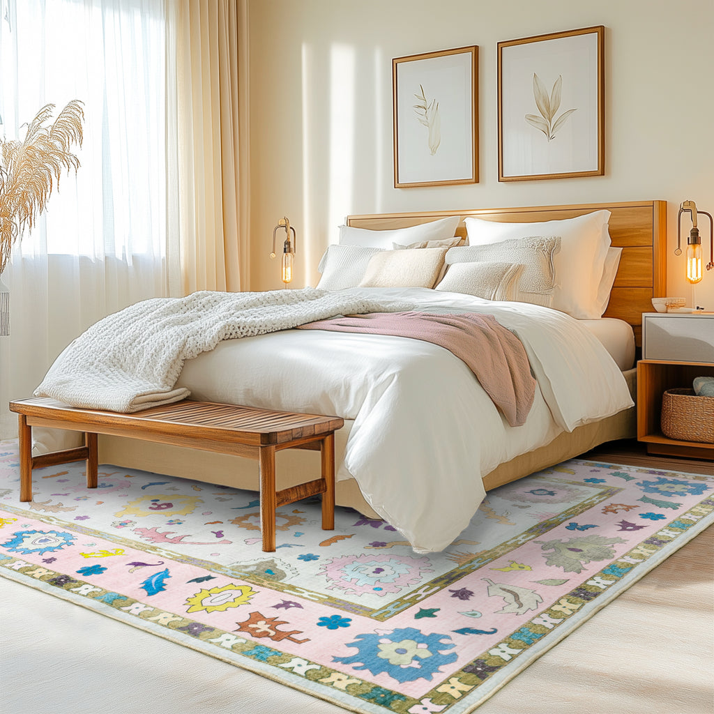 Modern Oushak Area Rug for Bedroom, Soft Washable Non-Slip Carpet, Low Pile Area Rugs for Living Room Dorm Nursery