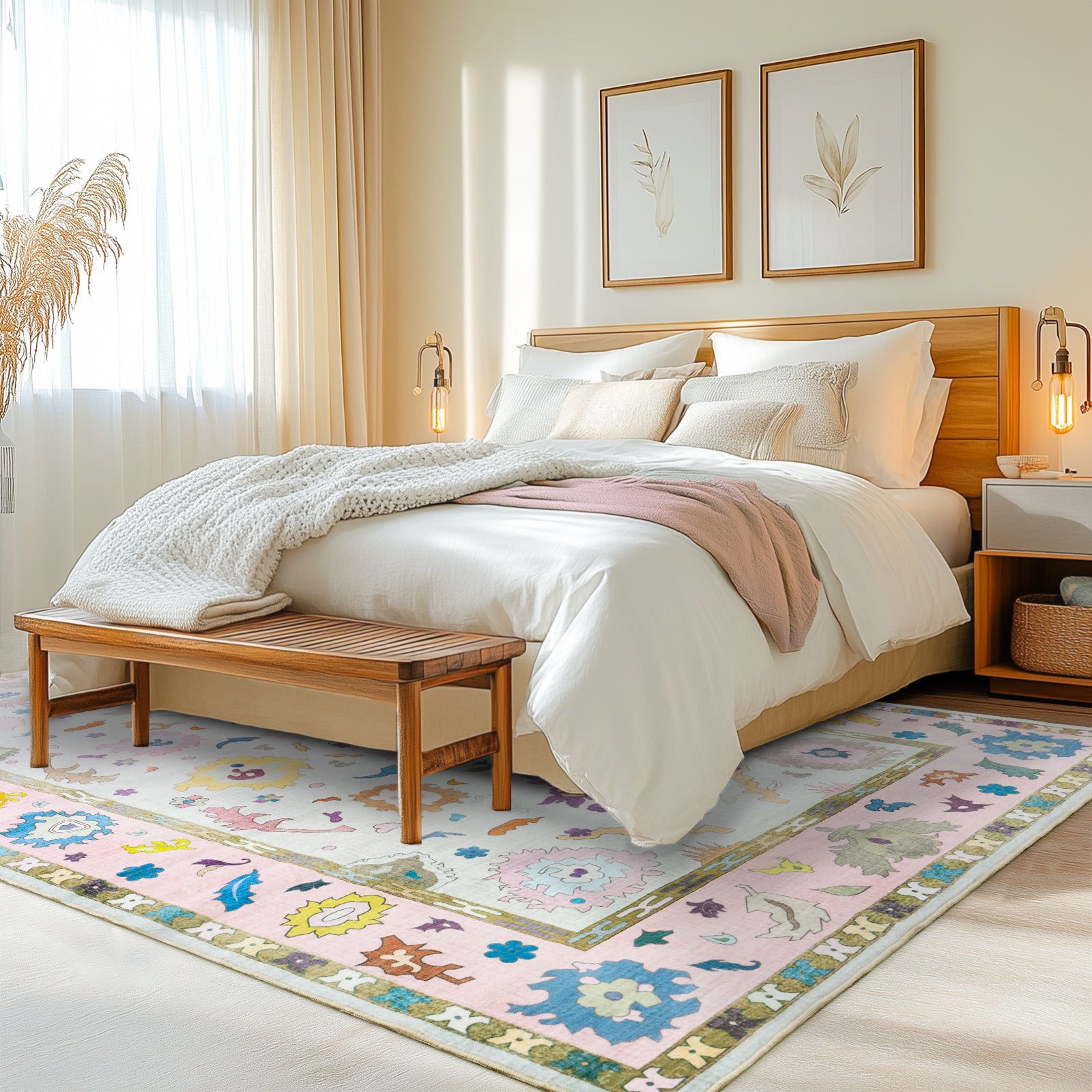 Modern Oushak Area Rug for Bedroom, Soft Washable Non-Slip Carpet, Low Pile Area Rugs for Living Room Dorm Nursery