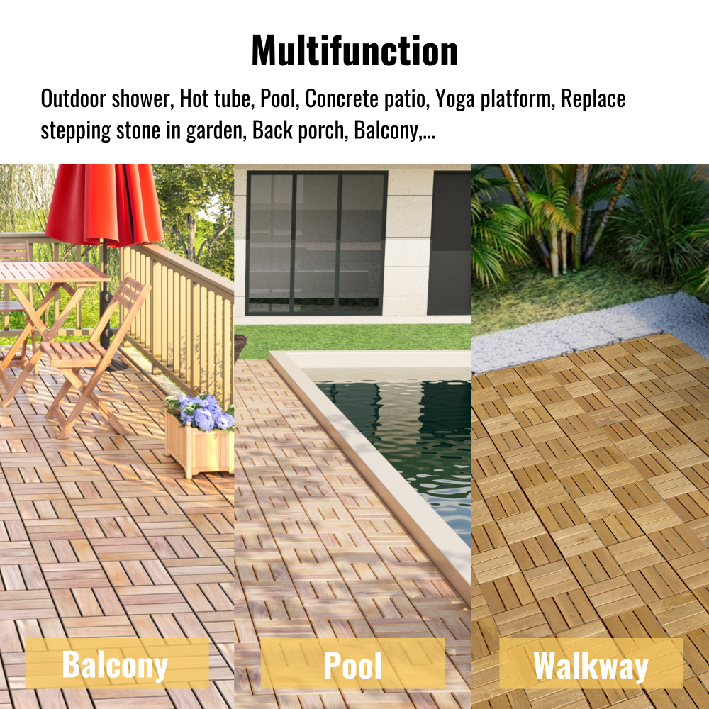 Chic Crate 10Pcs 12'' Yellow Acacia Hardwood Interlocking Deck Tiles – Checkerboard Pattern