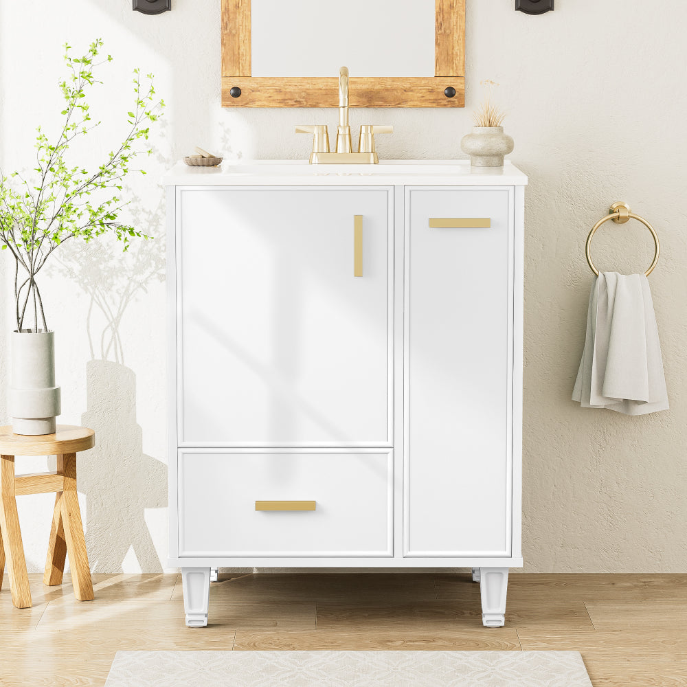 Chic Crate-24" Modern Bathroom Vanity – Sink & Deep Drawer | 2-Tier Pull-Out Basket | Solid Wood Frame | White