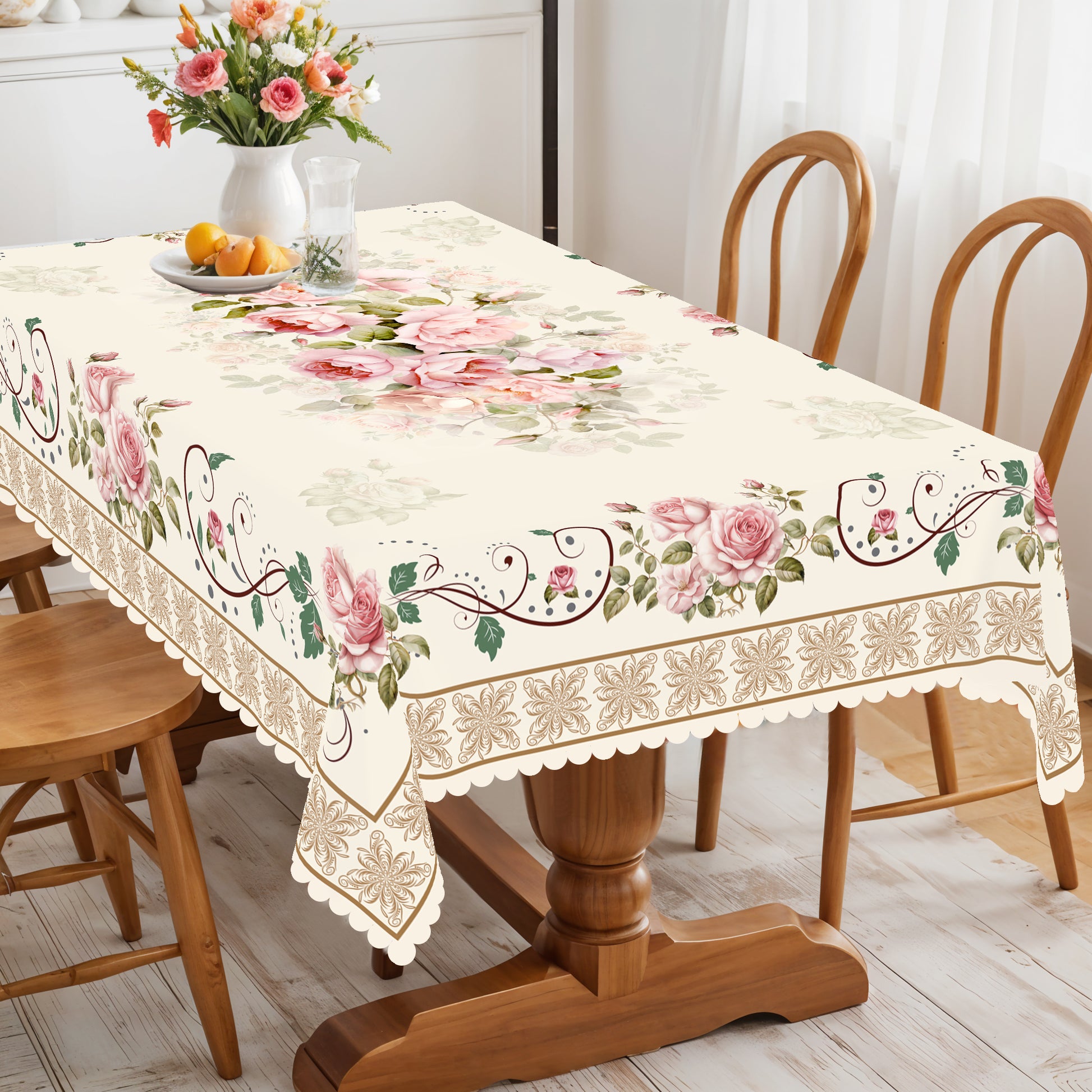 Floral Tablecloth with Colorful Flowers, Dustproof Easy-Care Dining Table Cover for Indoor Outdoor Use and Festive Home Decor