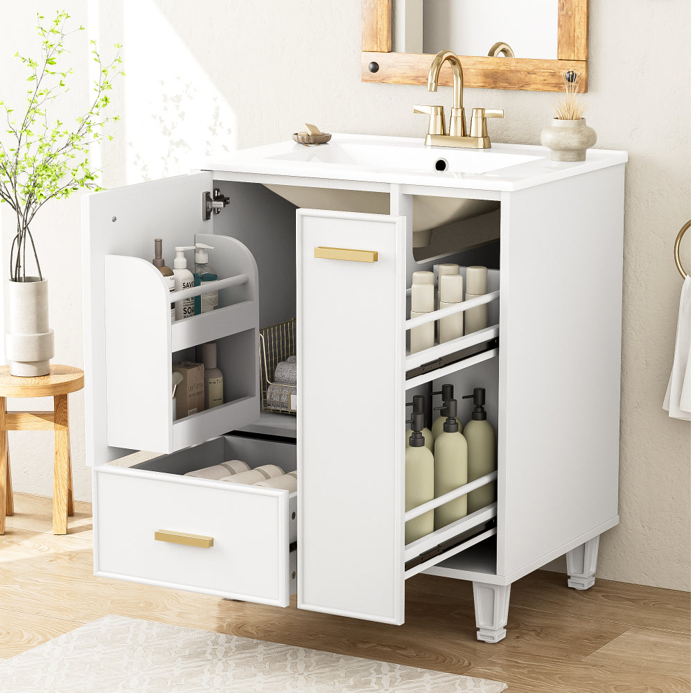Chic Crate-24" Modern Bathroom Vanity – Sink & Deep Drawer | 2-Tier Pull-Out Basket | Solid Wood Frame | White