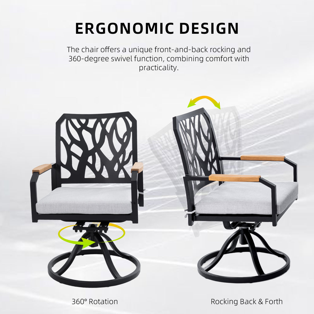 7-PC Outdoor Patio Aluminum Furniture Set, with 4 Dining Chairs & 2 Swivel Rockers Sunbrella Fabric Cushioned, Nature-Inspired Branch-Like Backrest, Rectangular Table with Umbrella Hole,Bourbon Brown