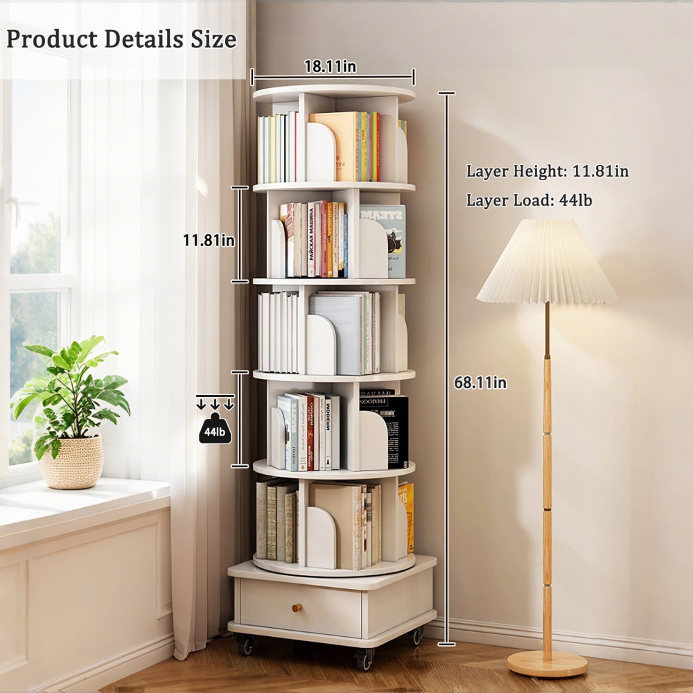 Chic Crate 6-Tier 360° Rotating Bookshelf with Wheels & Drawer, Space-Saving Bookcase for Bedroom & Home Office