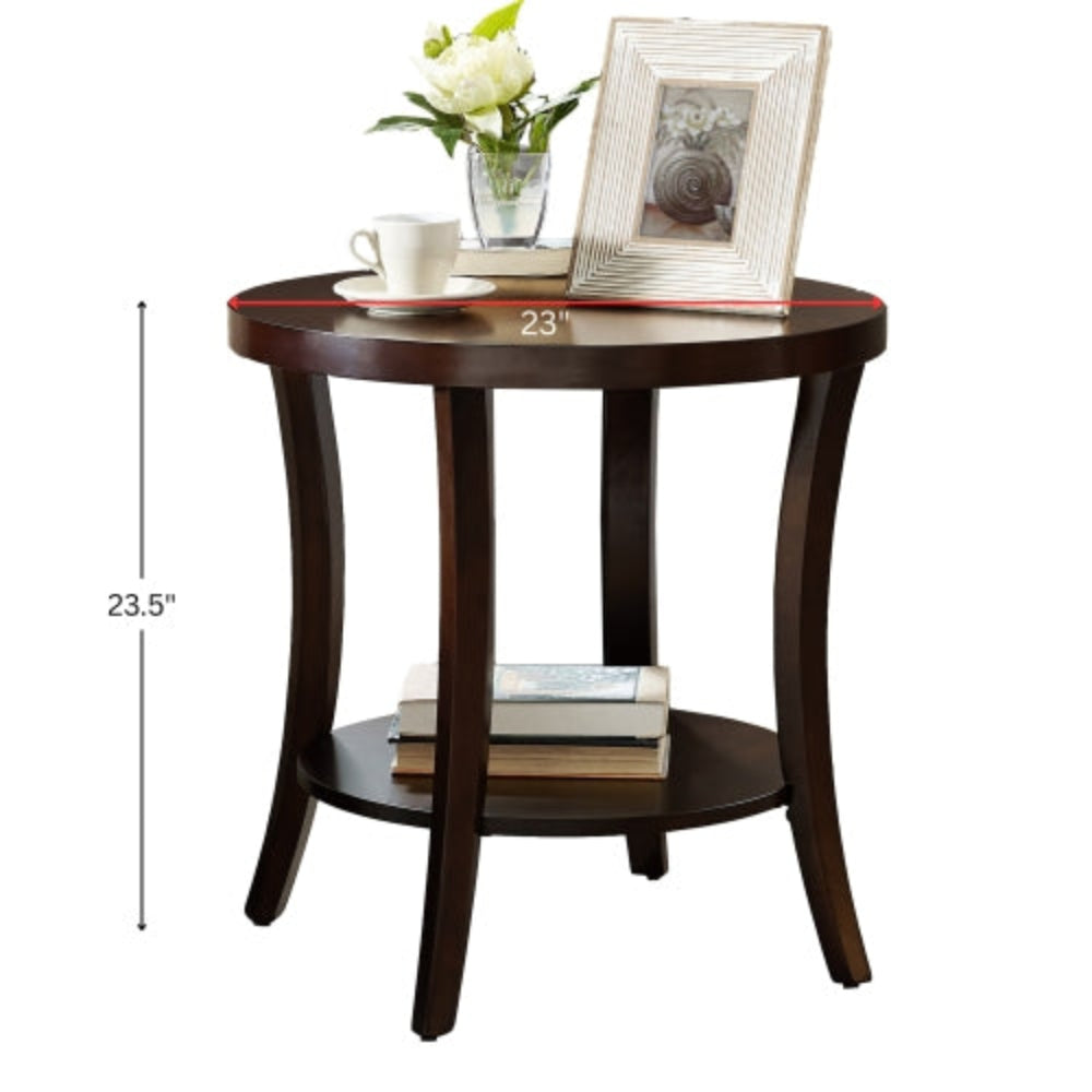 Round End Table, Birch Wood Veneer Top with Lower Shelf, Rich Espresso Finish, 23"W x 23"D x 23.5"H, Side Table for Living Room Office