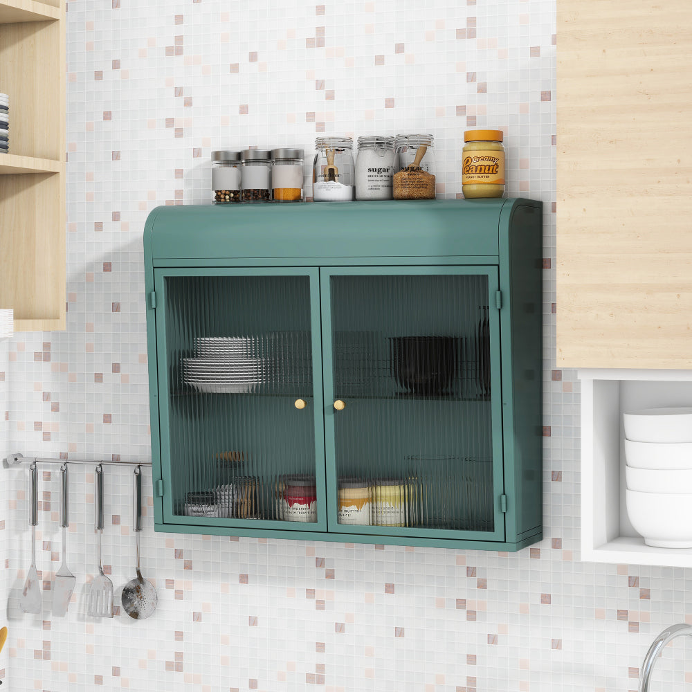 Chic Crate-Army Green 2-Door Wall-Mounted Metal Cabinet – Tempered Glass Shelves | Multi-Room | Bath, Kitchen, Office