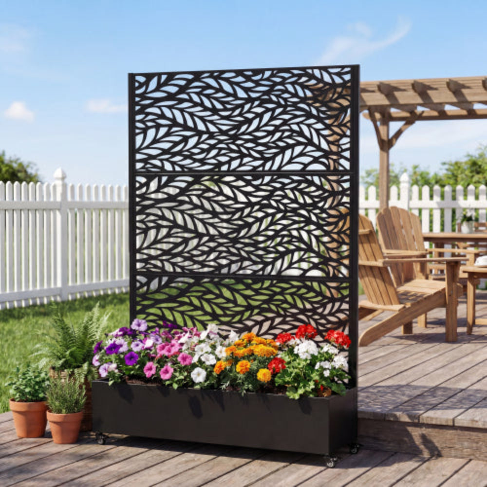Chic Crate Metal Raised Garden Bed with Wheels, Privacy Screen Drainage Holes & Trellis 73"x47"x16" Planter Box for Climbing Plants Vegetables Vines