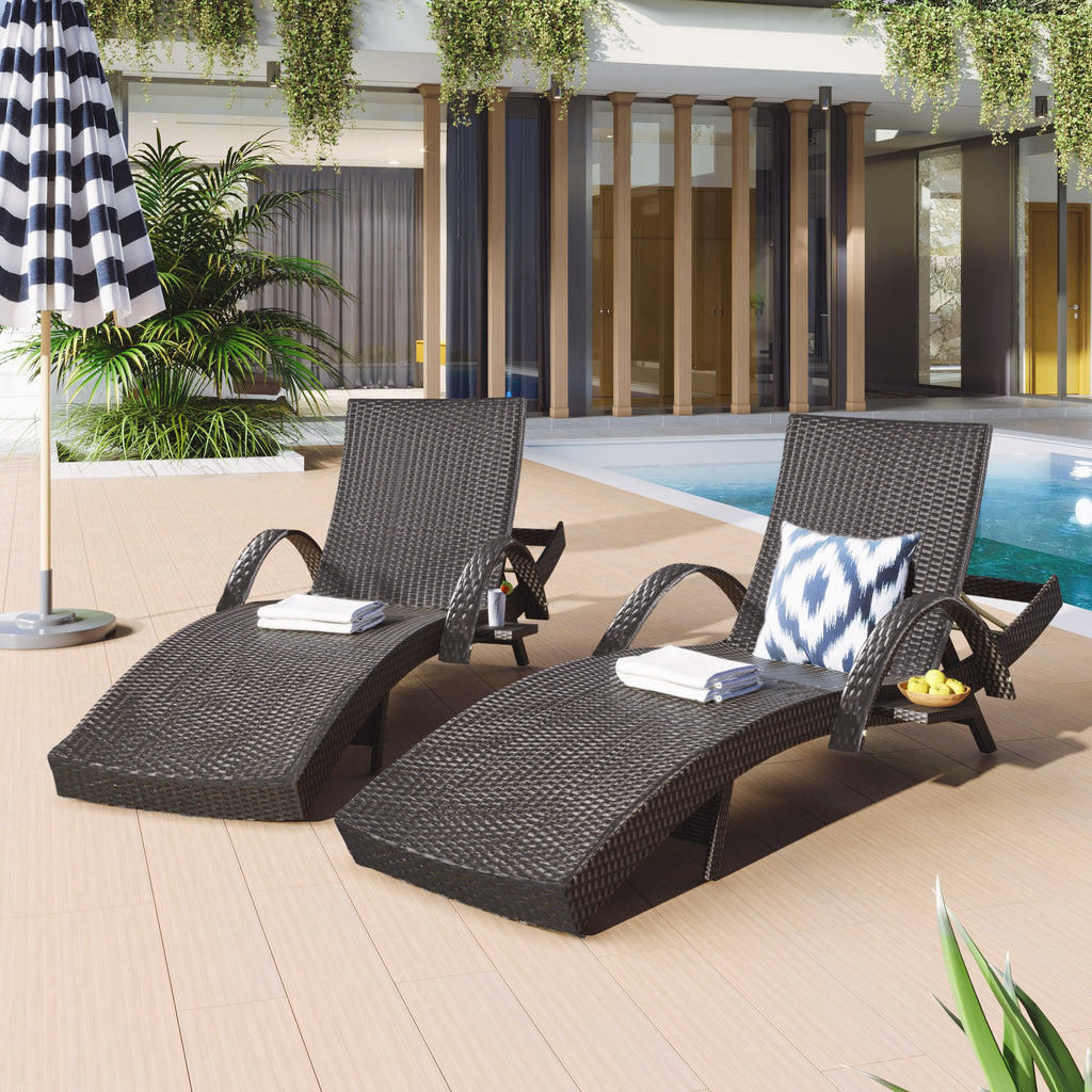 80'' Outdoor Wicker Chaise Lounge Chairs Set of 2, Patio Rattan Reclining Chair Pull-out Side Table Adjustable Backrest Ergonomic Wave Design Pool Sunbathing Recliners, Dark Brown