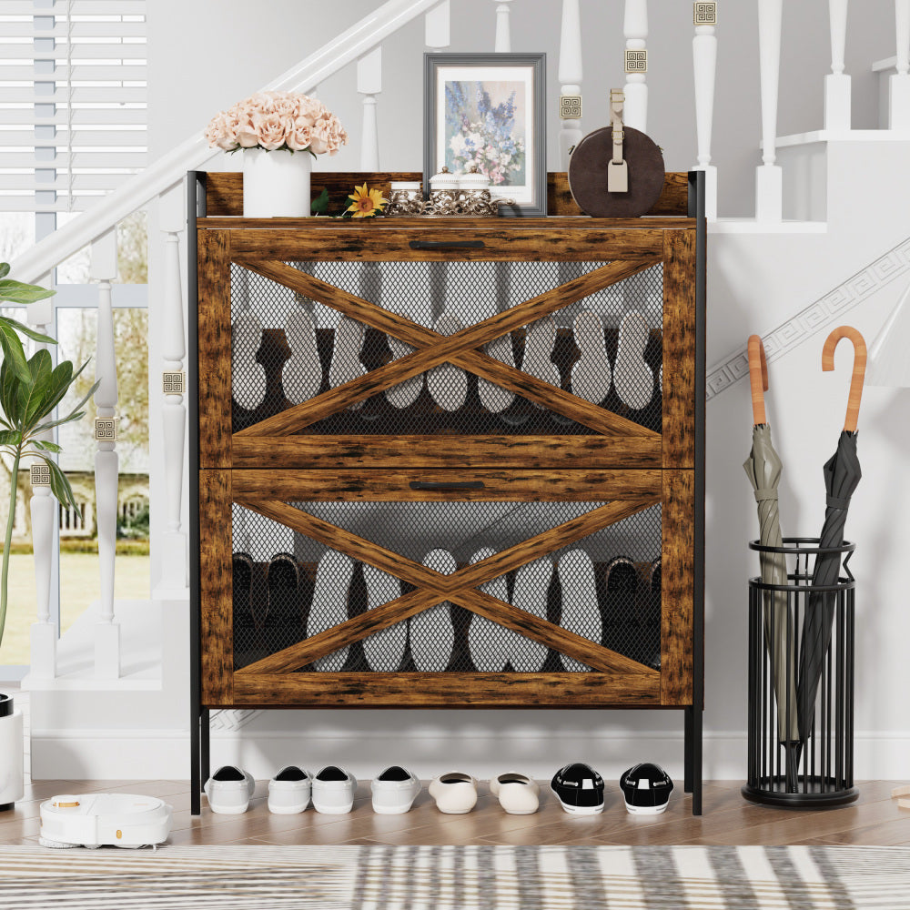 Chic Crate-2-Drawer Flip-Top Shoe Cabinet – Narrow | Entryway | Metal Legs | Rustic Brown | 31.5inx8.5inx39.5in