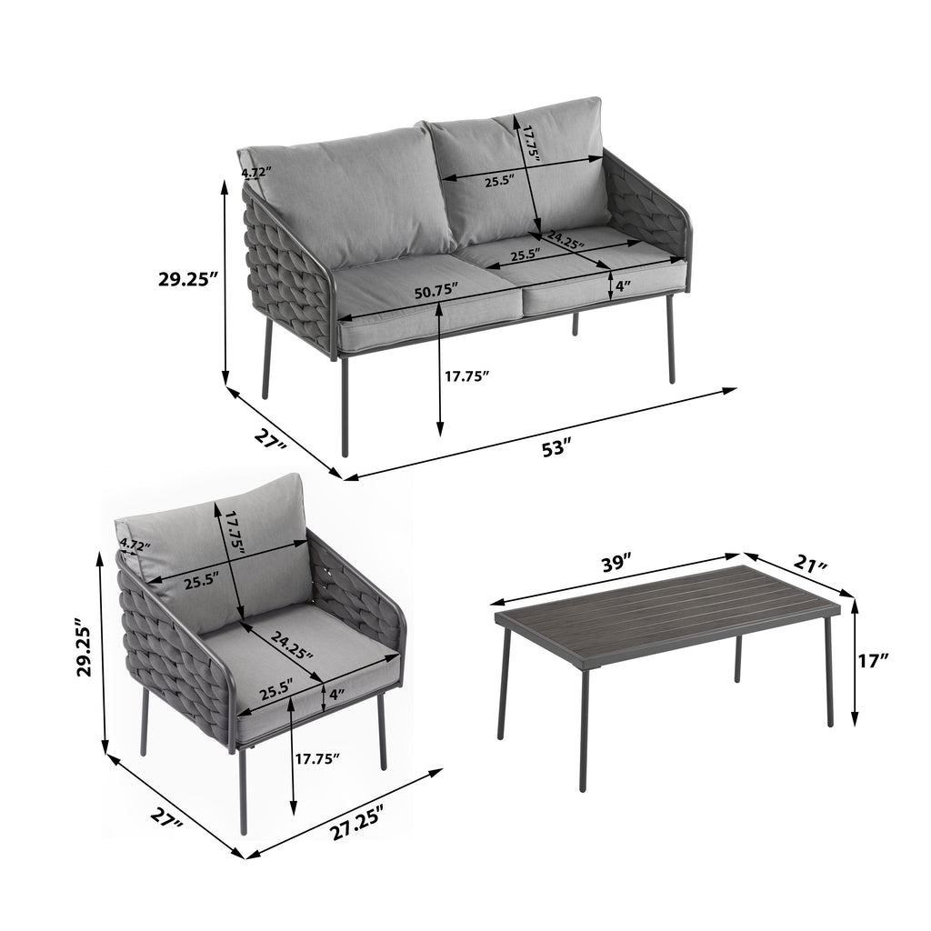 4-Pieces Outdoor Metal Patio Furniture Set, 4-Seat Patio Furniture Sofa Set with Cushion, Modern Outdoor Furniture Deep Seating for Porch, Garden, Backyard, Balcony, Grey