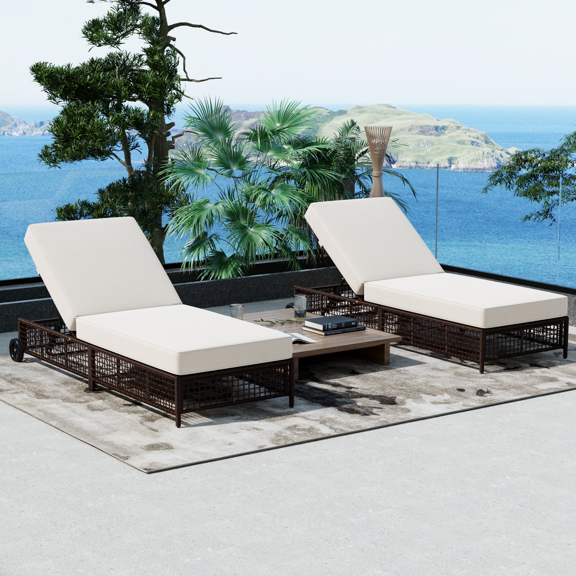 Outdoor Lounge Chair Set of 2, Patio Chaise Lounge with 5-Position Backrest, Rattan Outdoor Lounge Chair with Cushion and Wheels for Poolside, Backyard, Garden