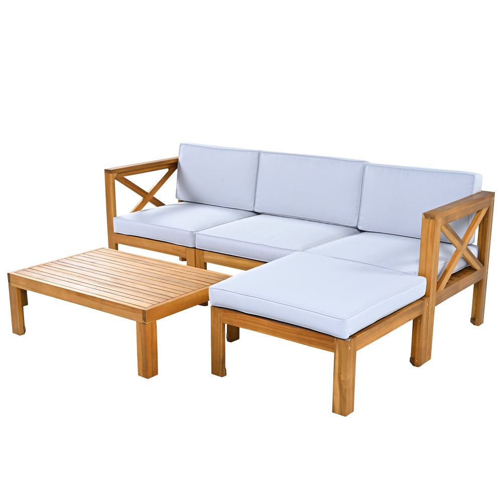 Chic Crate-5-Piece Wood Outdoor Patio Sectional Sofa Set with Water-Resistant Gray Cushions for Backyard, Porch, Deck - Natural Finish