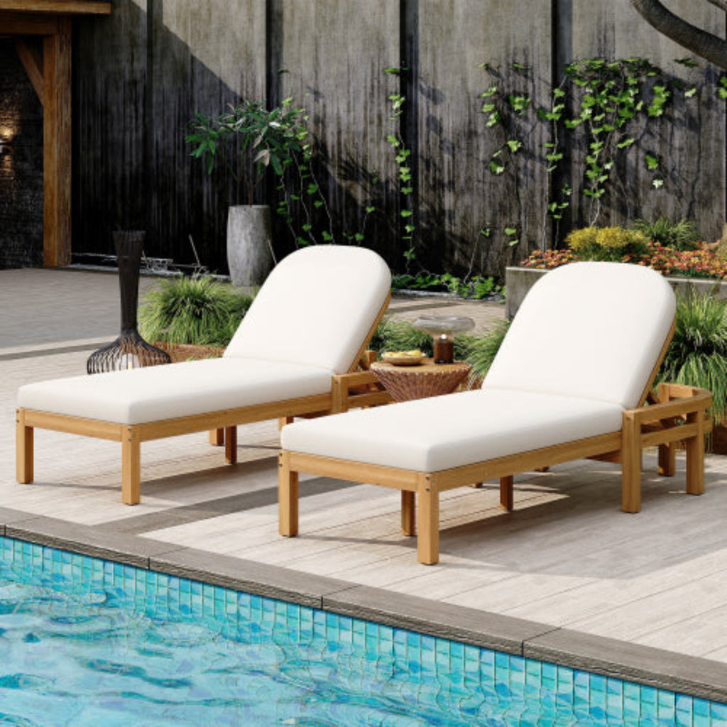 Outdoor Chaise Lounge Premium Acacia Wood Recliner with Arched Backrest for Patio and Poolside