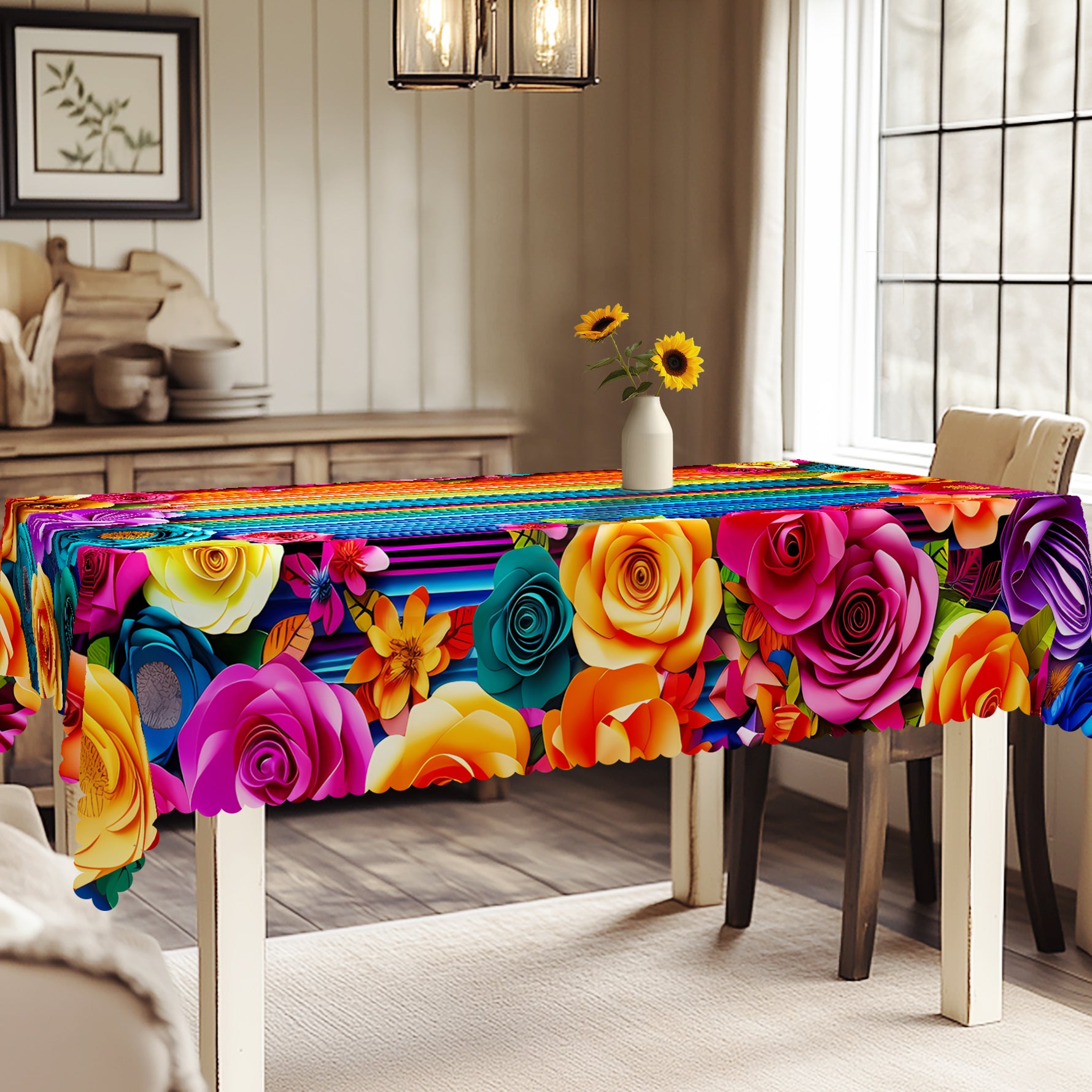 Mexican Floral Tablecloth, Colorful Fiesta Style Dustproof Easy-Care Dining Table Cover for Indoor Outdoor Decor