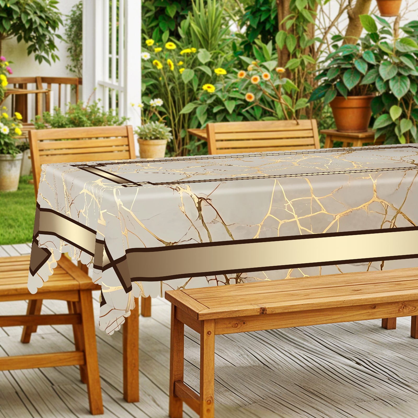 Vintage Golden stripes Tablecloth, Dustproof Easy-Care Dining Table Cover for Indoor Outdoor Use and Festive Home Decor