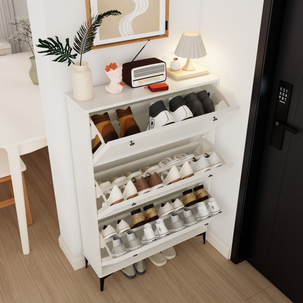 Chic Crate-Modern White Shoe Cabinet – 3 Flip-Drawer | Entrance/Narrow | Hidden Design | Independent Legs