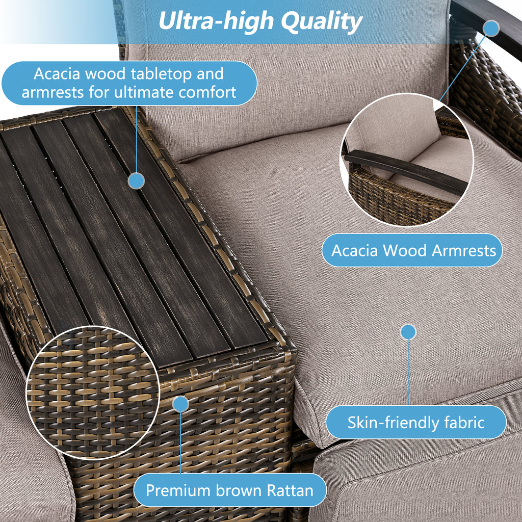 Patio Recliner Loveseat Chair, Adjustable Backrest Wicker Outdoor Lounge Chair Set with Acacia Wood Armrests and Built-in Storage Table for Balcony, Porch, Lawn, Brown