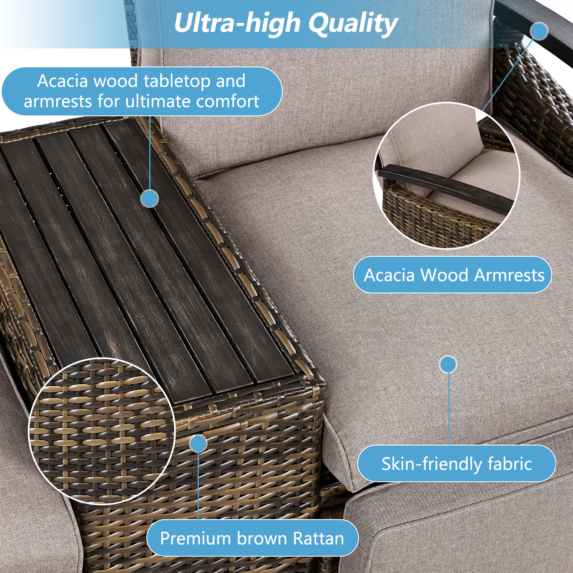 Patio Recliner Loveseat Chair, Adjustable Backrest Wicker Outdoor Lounge Chair Set with Acacia Wood Armrests and Built-in Storage Table for Balcony, Porch, Lawn, Brown