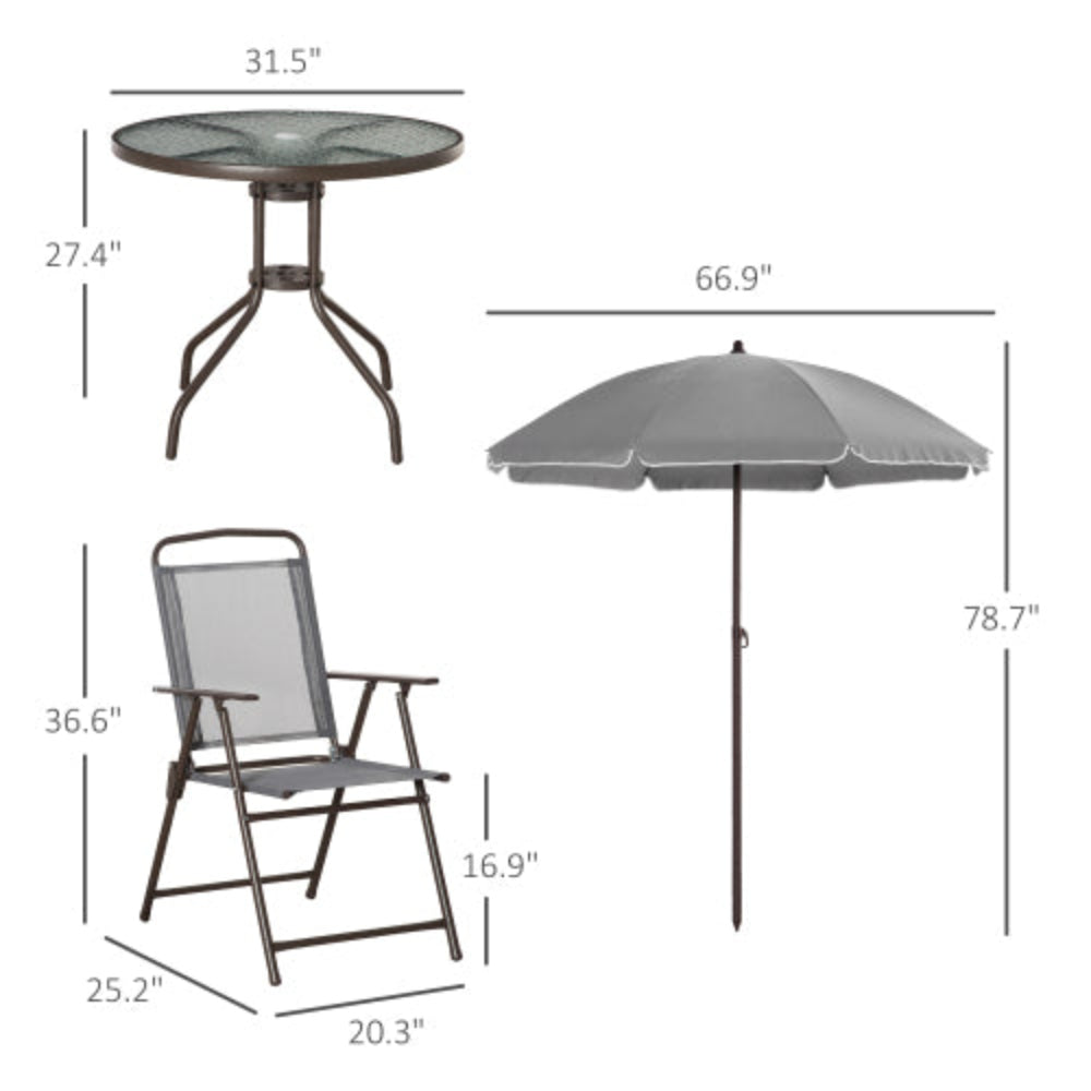 6 Piece Patio Dining Set for 4 with Umbrella/ Outdoor Set with 4 Folding Dining Chairs and Round Glass Table for Garden Backyard and Poolside - Gray