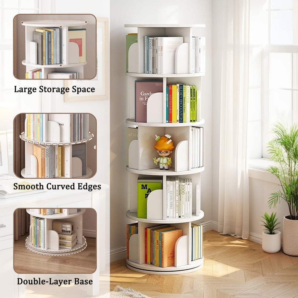 Chic Crate-5-Tier Rotating Bookshelf – 360° Display | Space-Saver | Warm White | Bedroom/Living Room/Office