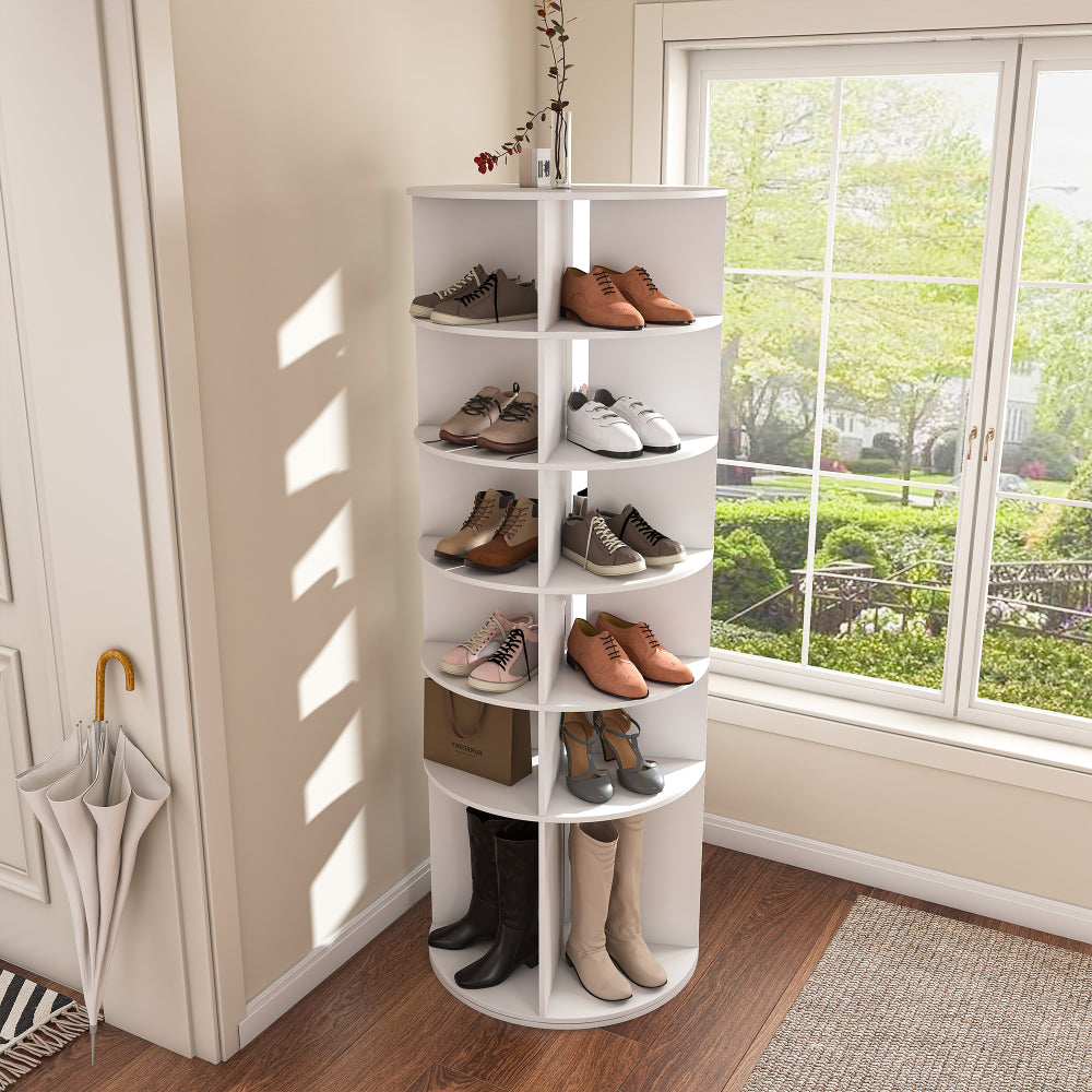 Chic Crate 6-Tier Rotating Shoe Rack Tower, 360° Revolving Free Standing Organizer, Holds 24 Pairs – White