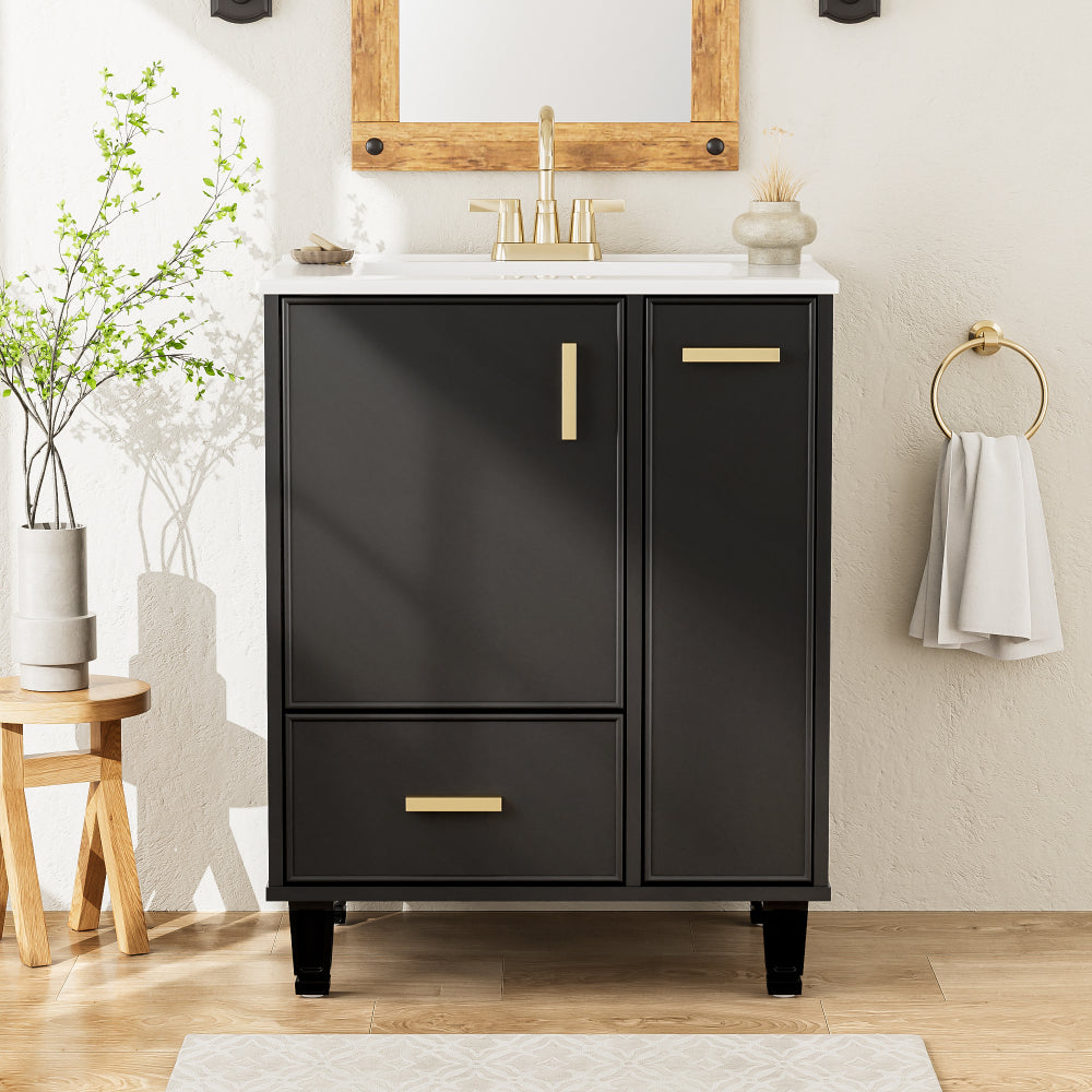 Chic Crate-24" Modern Bathroom Vanity – Sink & Deep Drawer | 2-Tier Pull-Out Basket | Solid Wood Frame | Black