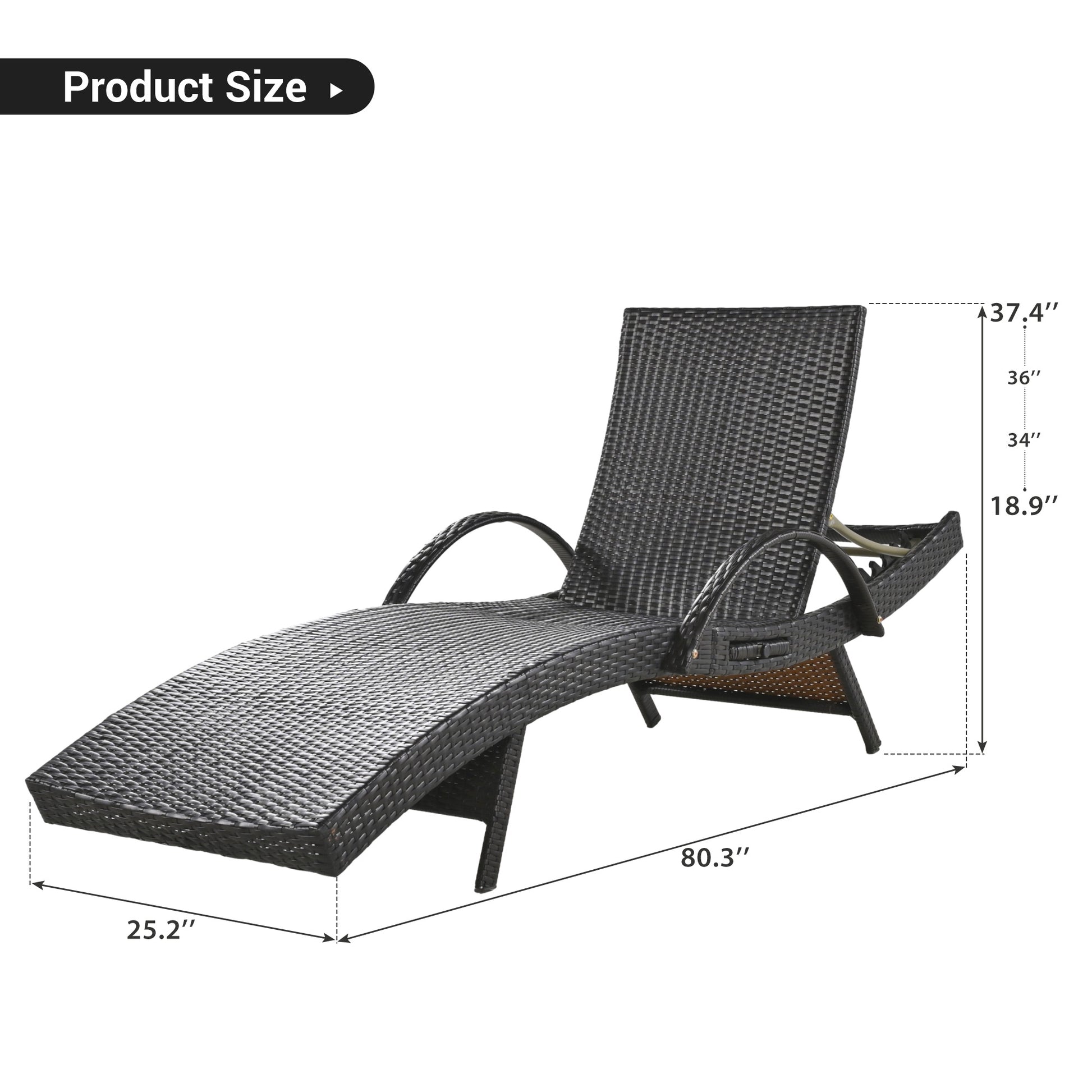 80'' Outdoor Wicker Chaise Lounge Chairs Set of 2, Patio Rattan Reclining Chair Pull-out Side Table Adjustable Backrest Ergonomic Wave Design Pool Sunbathing Recliners, Dark Brown