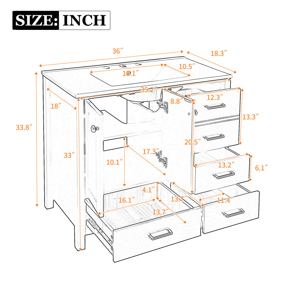 Chic Crate-36In Bathroom Vanity – Ceramic Sink w/4 Drawers & Soft-Close Doors | Solid Wood Frame | Freestanding | Black