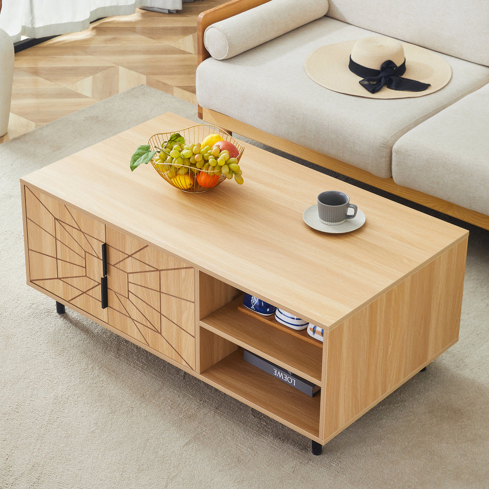 Chic Crate - Spider Web Textured MDF Coffee Table, Art Geo Design & Practical Use, Natural Wood Tones 43x24x18in