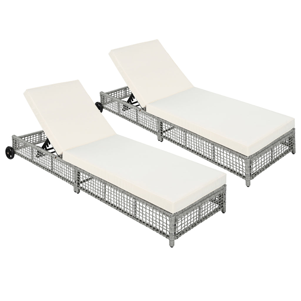 Outdoor Lounge Chair Set of 2, Patio Chaise Lounge with 5-Position Backrest, Rattan Outdoor Lounge Chair with Cushion and Wheels for Poolside, Backyard, Garden