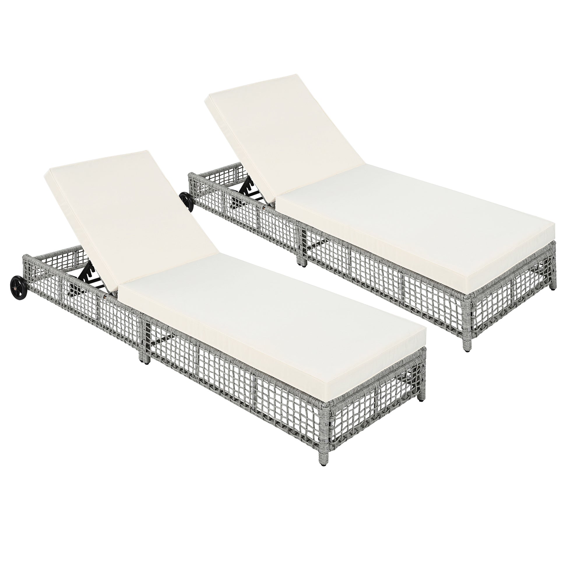 Outdoor Lounge Chair Set of 2, Patio Chaise Lounge with 5-Position Backrest, Rattan Outdoor Lounge Chair with Cushion and Wheels for Poolside, Backyard, Garden