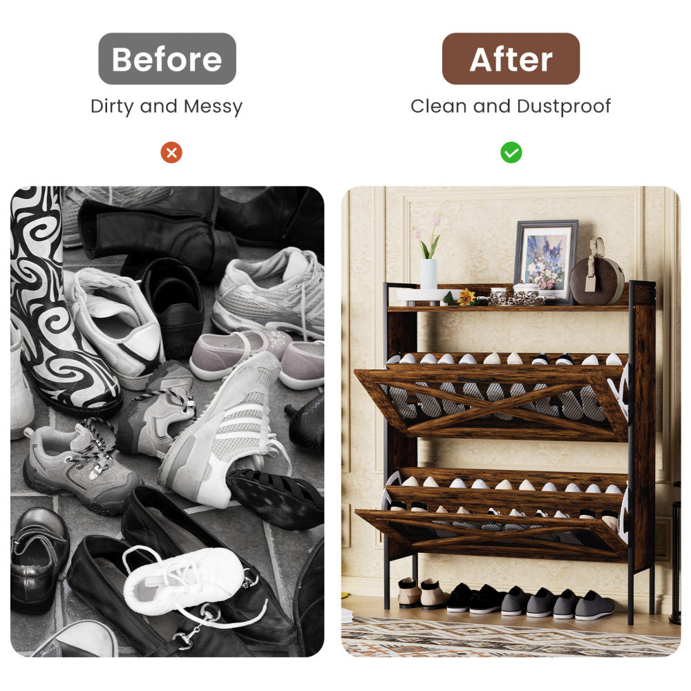 Chic Crate-2-Drawer Flip-Top Shoe Cabinet – Narrow | Entryway | Metal Legs | Rustic Brown | 31.5inx8.5inx39.5in