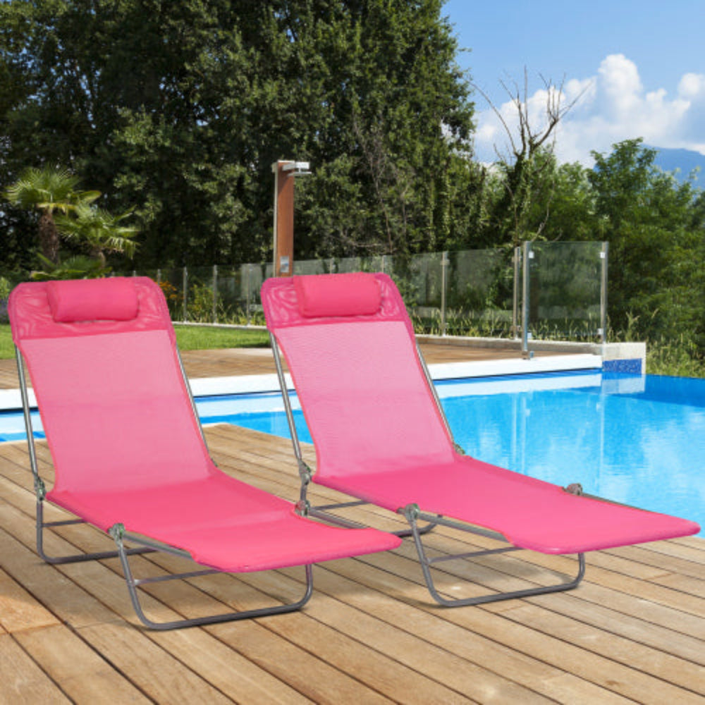 2-Piece Folding Chaise Lounge Chairs, Outdoor Sun Tanning Chairs with Breathable Mesh Seat & Headrest for Pool, Beach, Yard, Patio, Pink