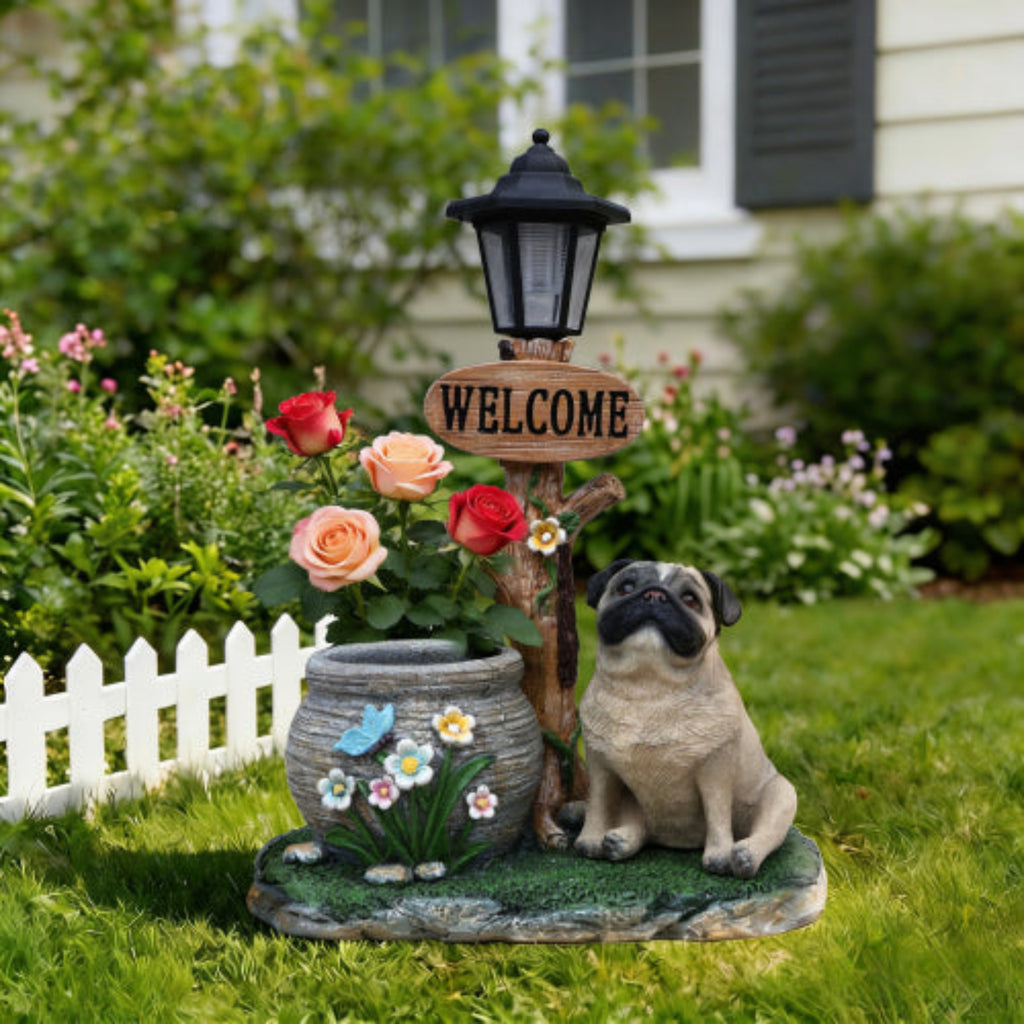 Sitting Pug Dog Shaped Planter Statue with Classic Design for Home and Desktop Greenery