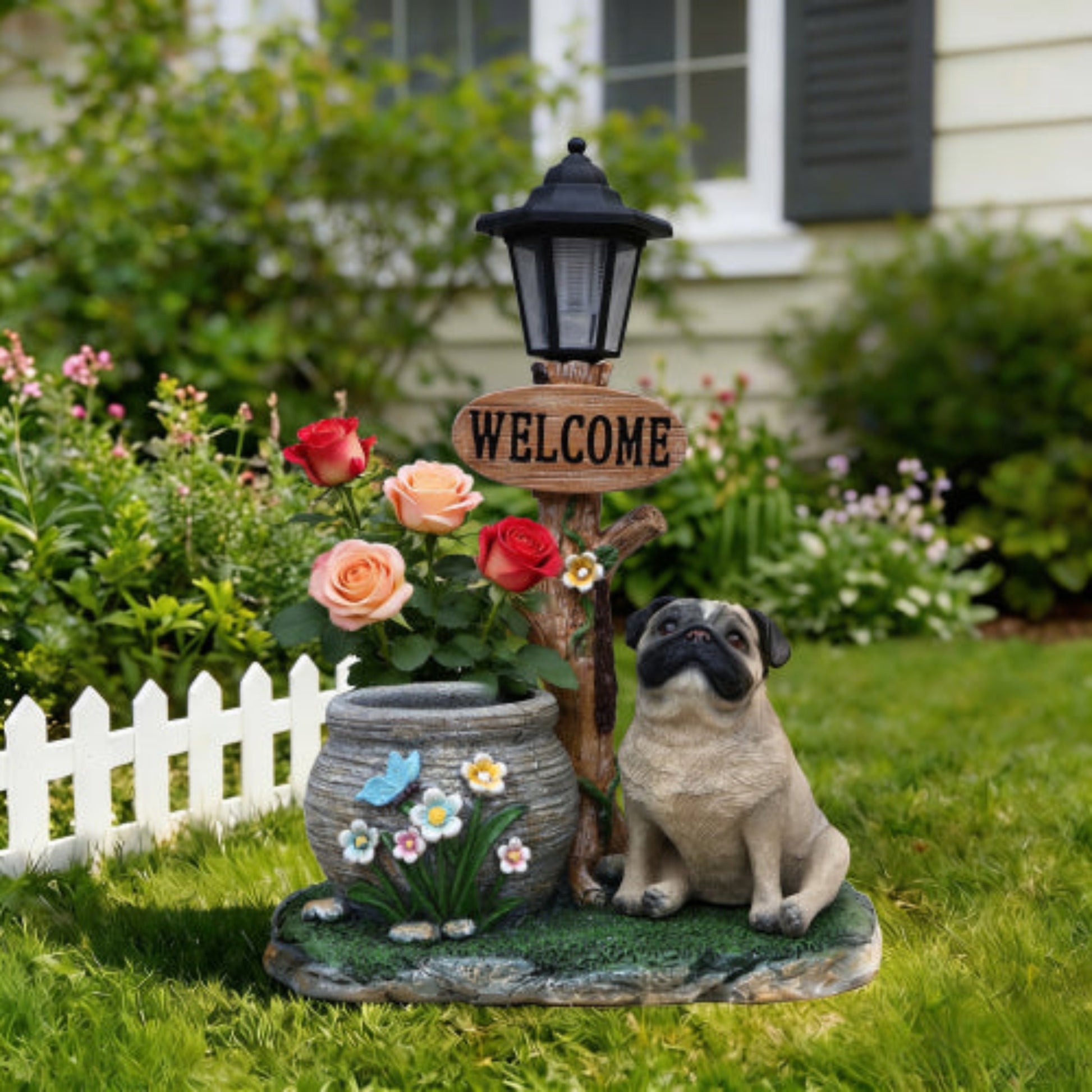 Sitting Pug Dog Shaped Planter Statue with Classic Design for Home and Desktop Greenery