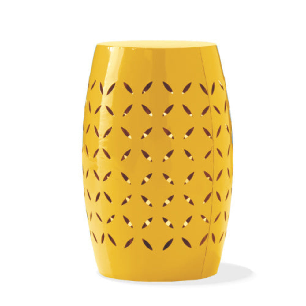 Outdoor Barrel Shaped Lace-Cut Side Table, All-Metal Construction, No Assembly, Versatile for Patio Garden Backyard - Yellow
