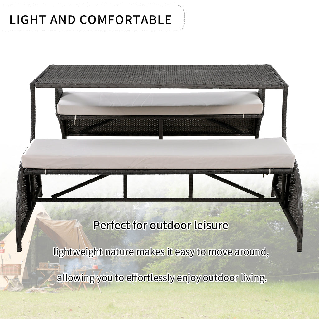 2-in-1 Convertible Picnic Upholstered Bench Table,57.1" Outdoor Loveseat,Portable Picnic Table Couch,Convertible To 4 Seats&1 Table,For Garden,Lawn,Backyard,Porch,Patio