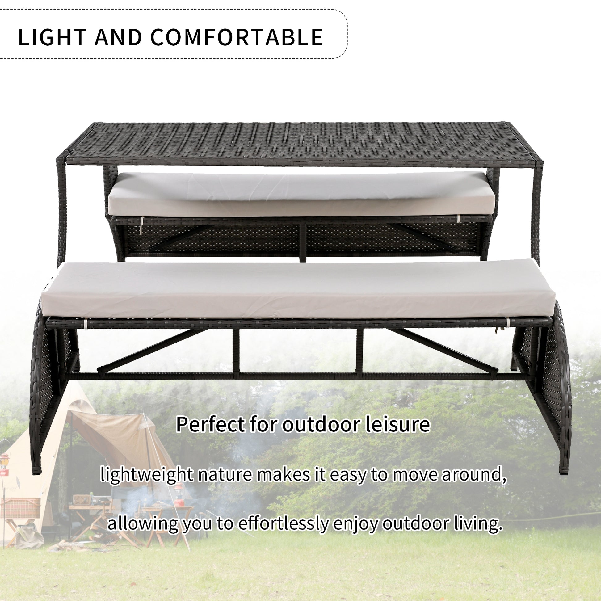 2-in-1 Convertible Picnic Upholstered Bench Table,57.1" Outdoor Loveseat,Portable Picnic Table Couch,Convertible To 4 Seats&1 Table,For Garden,Lawn,Backyard,Porch,Patio