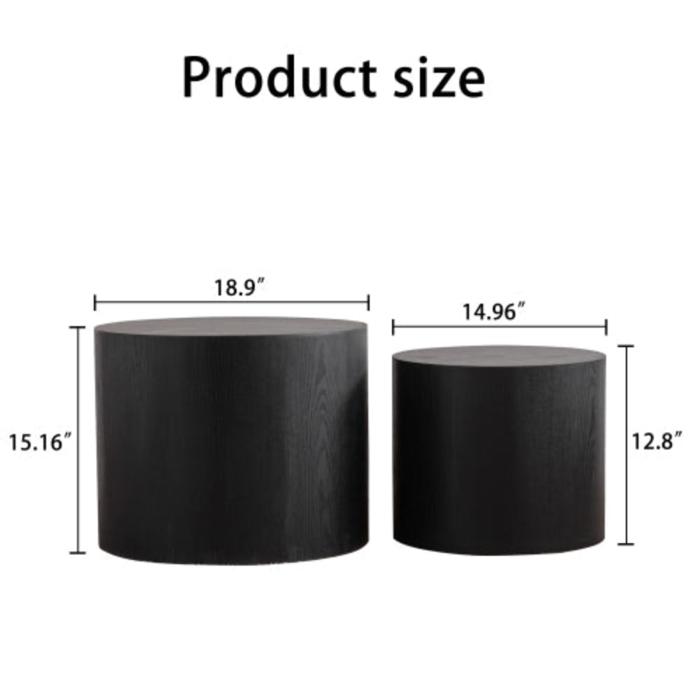 Nesting Coffee Table Set of 2, Round Wooden Modern Design, Space-Saving Accent End Side Tables for Small Living Room, Bedroom Office - Black