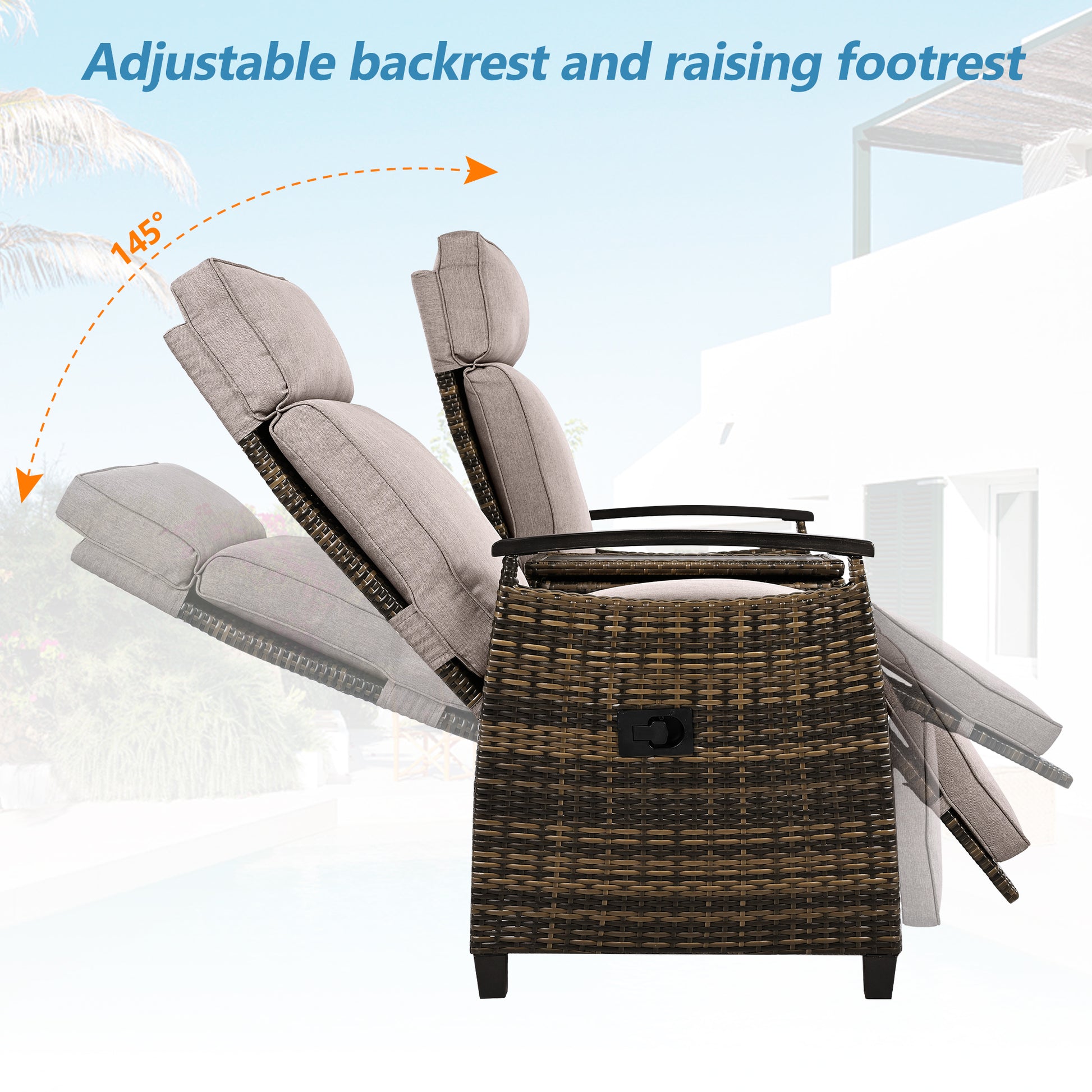 Patio Recliner Loveseat Chair, Adjustable Backrest Wicker Outdoor Lounge Chair Set with Acacia Wood Armrests and Built-in Storage Table for Balcony, Porch, Lawn, Brown
