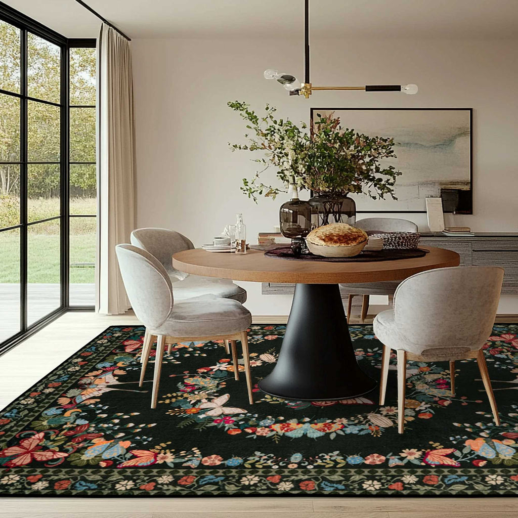 Large Beige Butterfly Floral Area Rug, Ultra-Thin Non-Slip Washable Mat for Living Room & Bedroom