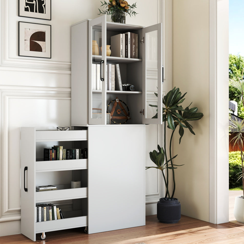 Chic Crate 70.87" Tall Display Cabinet with Glass Doors & 4‑Tier Pull‑Out Shelves – Modern Wooden Storage Bookcase Cabinet
