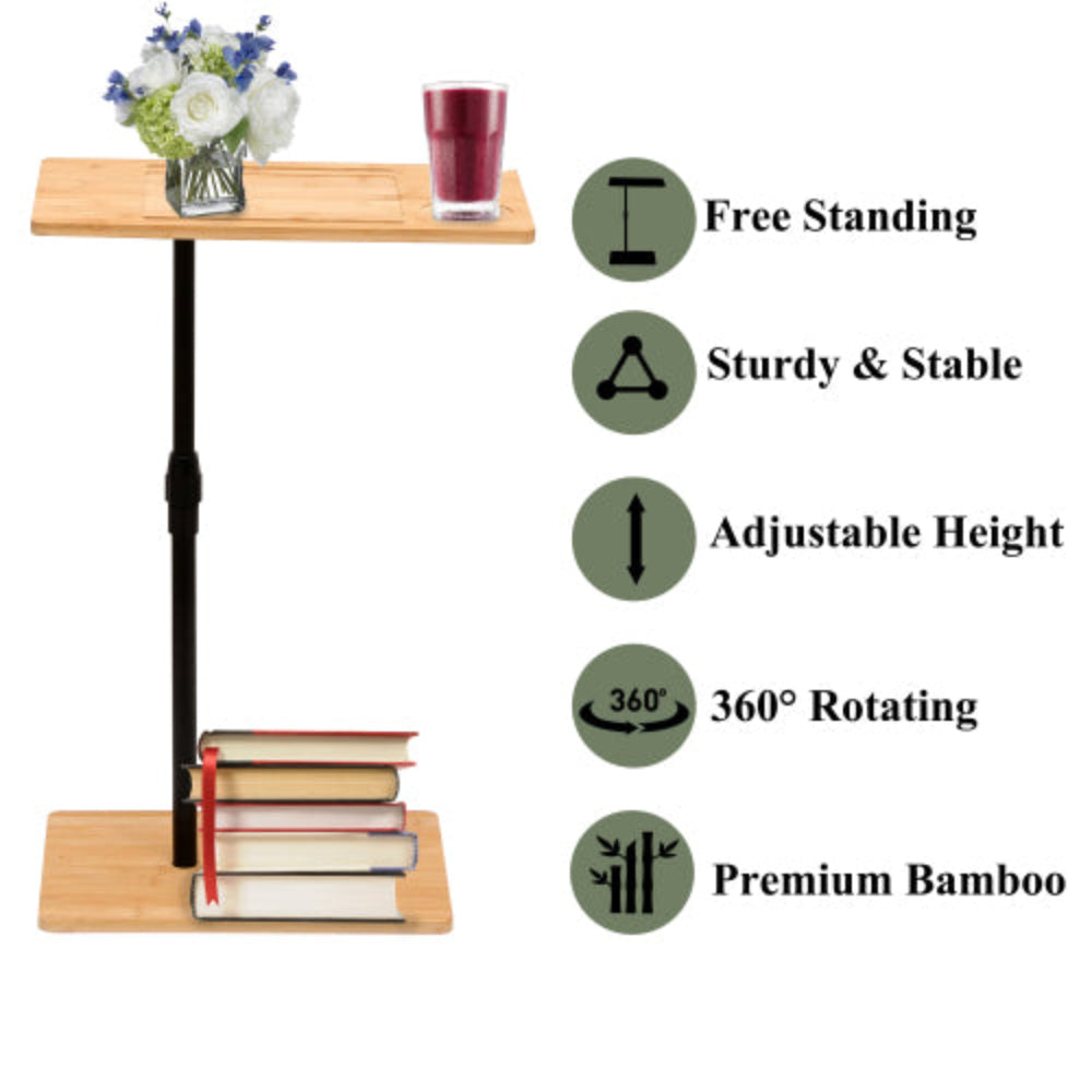 Bamboo C-Shaped Couch Tray Table, Height Adjustable with 2 Tiers & Slots, Versatile Sofa Side Table for Living Room & Bedroom