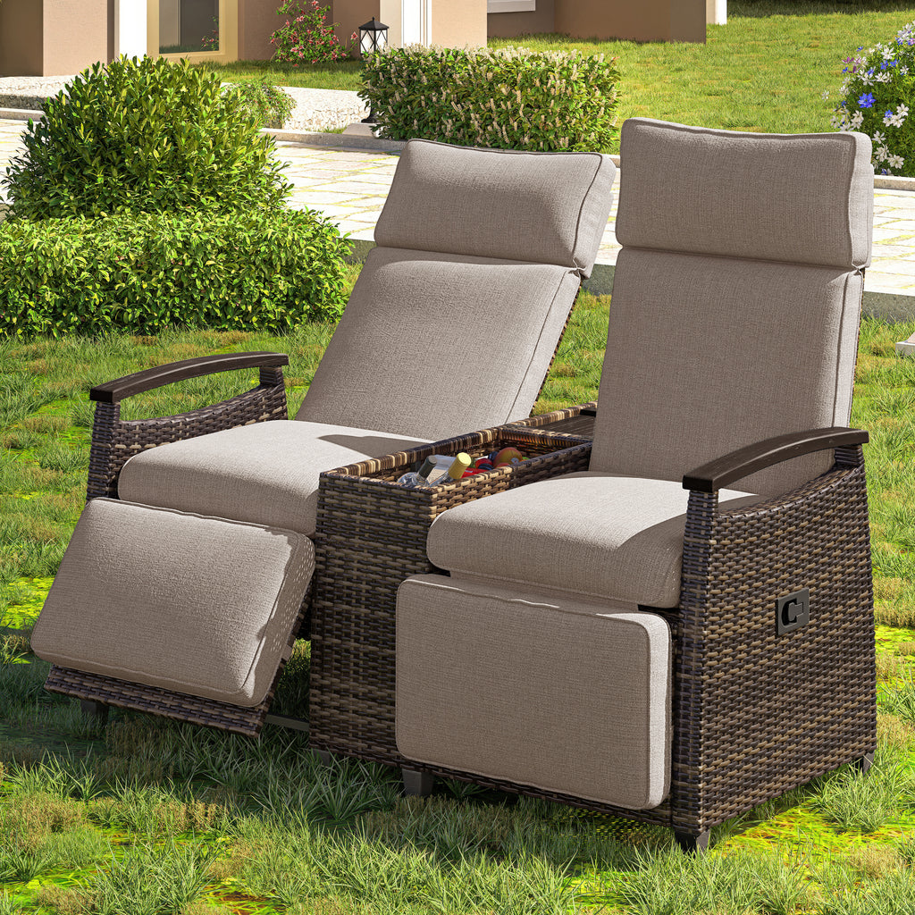 Patio Recliner Loveseat Chair, Adjustable Backrest Wicker Outdoor Lounge Chair Set with Acacia Wood Armrests and Built-in Storage Table for Balcony, Porch, Lawn, Brown